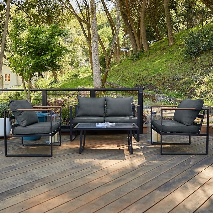Blendo 4-piece patio furniture set by Patios – black frame with dark grey cushions (طقم حدائق ٤ قطع من Patios – إطار أسود وتنجيد رمادي غامق)