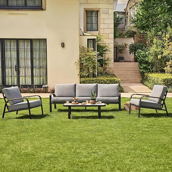 East Oak 4-piece patio set (2 chairs, 1 loveseat, 1 coffee table) – grey outdoor furniture by Patios | طقم حدائق إيست أوك ٤ قطع – رمادي من Patios