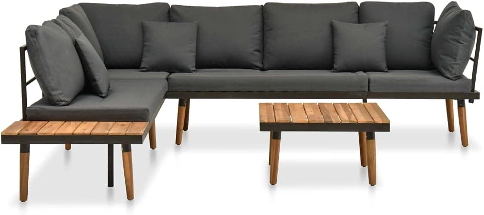 طقم أريكة فناء معدني من VivaXL مكون من 4 قطع مع وسائد - طقم أريكة خارجي من خشب الأكاسيا الصلب مع طاولة قابلة للتعديل - طقم أثاث حديقة مقاوم للعوامل الجوية - أغطية بوليستر رمادية داكنة سهلة الغسل