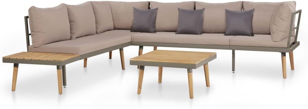 طقم أريكة معدني للفناء Viva XL مكون من 4 قطع مع وسائد - بني/رمادي، مصنوع من خشب الأكاسيا الصلب، طقم أريكة مقسم - طقم أثاث متين للحديث في الهواء الطلق مع طاولة قهوة