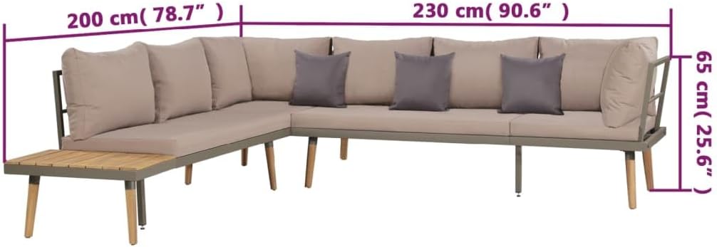 طقم أريكة معدني للفناء Viva XL مكون من 4 قطع مع وسائد - بني/رمادي، مصنوع من خشب الأكاسيا الصلب، طقم أريكة مقسم - طقم أثاث متين للحديث في الهواء الطلق مع طاولة قهوة