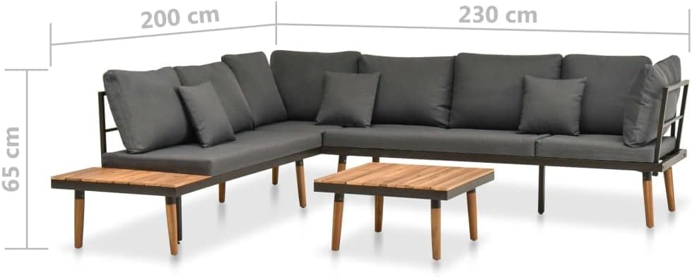 VivaXL 4 Piece Patio Metal Lounge Set with Cushions - Solid Acacia Wood Outdoor Sofa Set with Adjustable Table - Weather Resistant Garden Furniture Set - Easy to Wash Grey Dark Polyester Covers