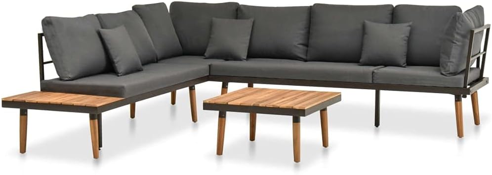 VivaXL 4 Piece Patio Metal Lounge Set with Cushions - Solid Acacia Wood Outdoor Sofa Set with Adjustable Table - Weather Resistant Garden Furniture Set - Easy to Wash Grey Dark Polyester Covers