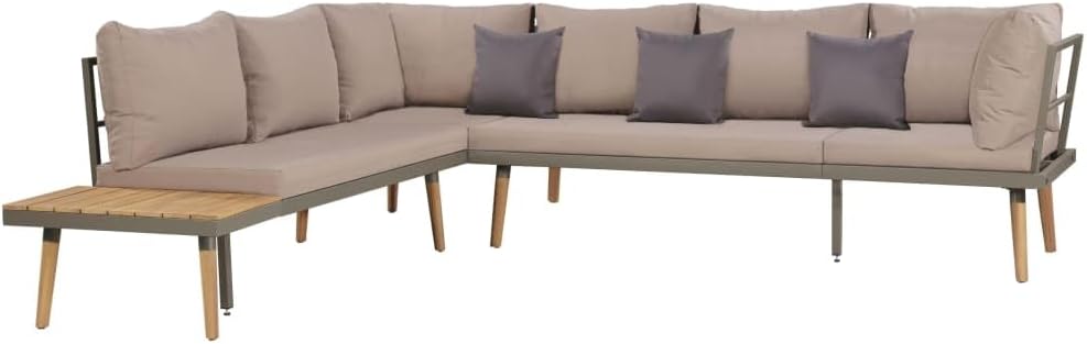 طقم أريكة معدني للفناء Viva XL مكون من 4 قطع مع وسائد - بني/رمادي، مصنوع من خشب الأكاسيا الصلب، طقم أريكة مقسم - طقم أثاث متين للحديث في الهواء الطلق مع طاولة قهوة