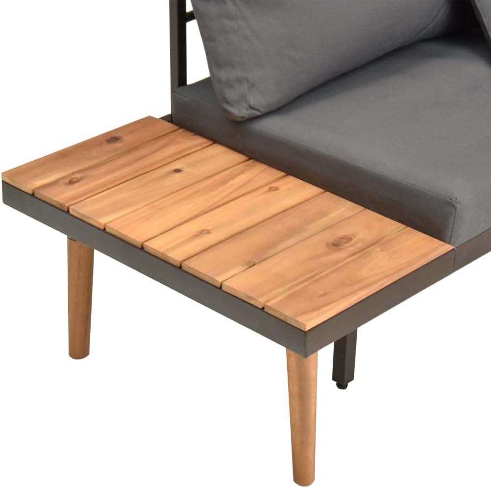 VivaXL 4 Piece Patio Metal Lounge Set with Cushions - Solid Acacia Wood Outdoor Sofa Set with Adjustable Table - Weather Resistant Garden Furniture Set - Easy to Wash Grey Dark Polyester Covers