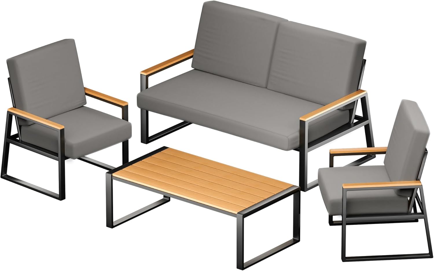 Zoon 4-piece outdoor patio set by Patios – metal frame, grey cushions, and tempered glass table (طقم حدائق ٤ قطع من Patios بإطار معدني ووسائد رمادية)
