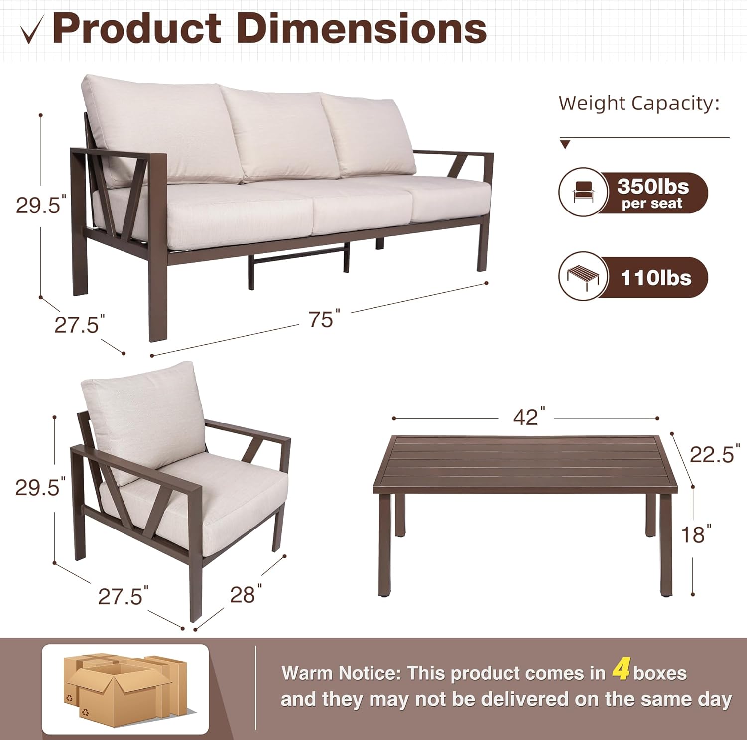 Patios steel outdoor garden set - 4 pieces (كراسي، كنبة، ترابيزة) بتصميم معدني أسود أنيق
