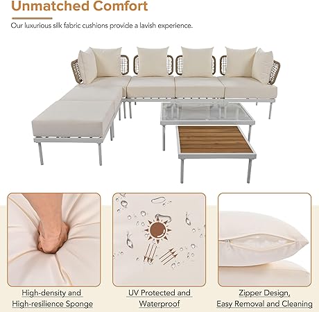 
Patios Ampela 8-piece outdoor sectional set – Beige – with ottomans, glass tables, and cushioned seats | طقم جلسات خارجي ٨ قطع من باتيوس – أمبيلا بيج – مع بف وترابيزات زجاج ووسائد مريحة