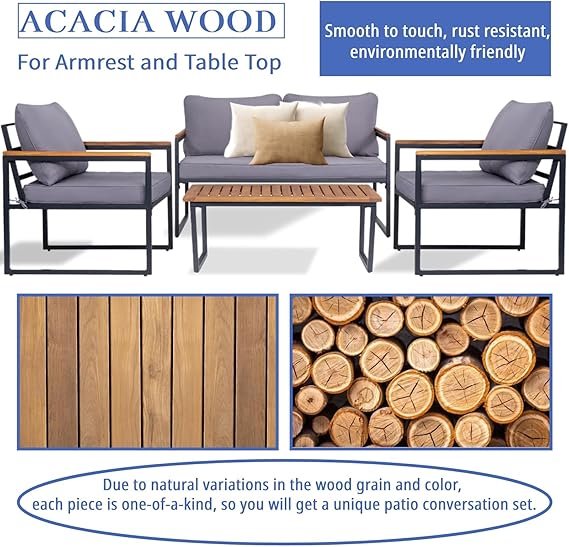 Blendo 4-piece outdoor set by Patios – black metal frame with wood accent and grey cushions (طقم حديقة من Patios بإطار معدني وخشب ووسائد رمادية)
