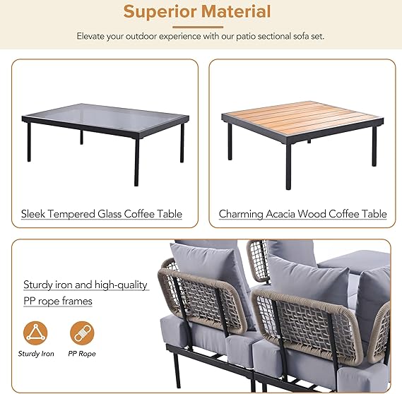 Patios Ampela 8-piece outdoor sectional set – light grey – كنبة حدائق رمادية ٨ قطع من Patios بتصميم عملي وزجاج مقوّى
