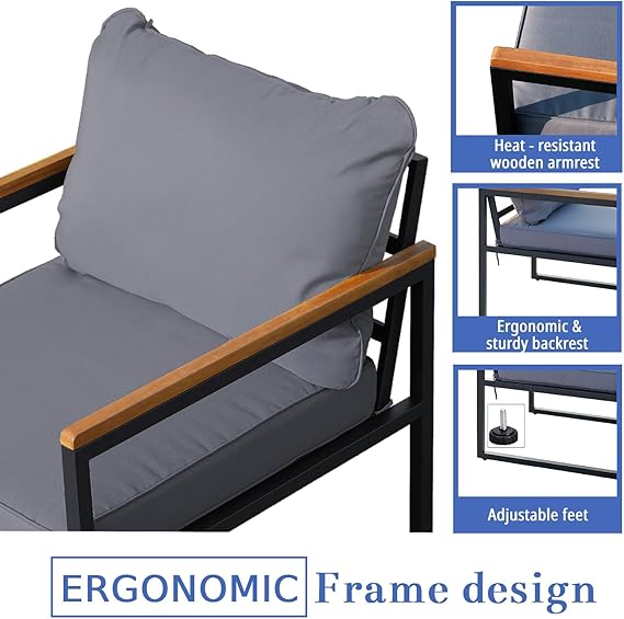 Blendo 4-piece outdoor set by Patios – black metal frame with wood accent and grey cushions (طقم حديقة من Patios بإطار معدني وخشب ووسائد رمادية)
