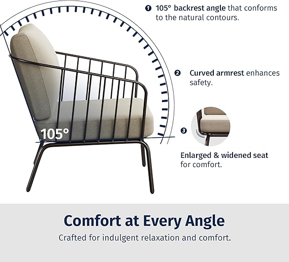 Oval 4-piece outdoor furniture set by Patios – brown wood-look frame with beige cushions (طقم جلسات خارجية ٤ قطع من Patios – إطار بني ووسائد بيج)
