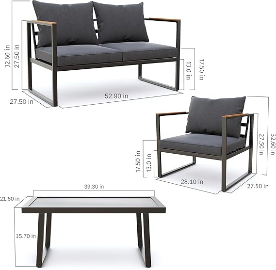 Blendo 4-piece patio furniture set by Patios – black frame with dark grey cushions (طقم حدائق ٤ قطع من Patios – إطار أسود وتنجيد رمادي غامق)
