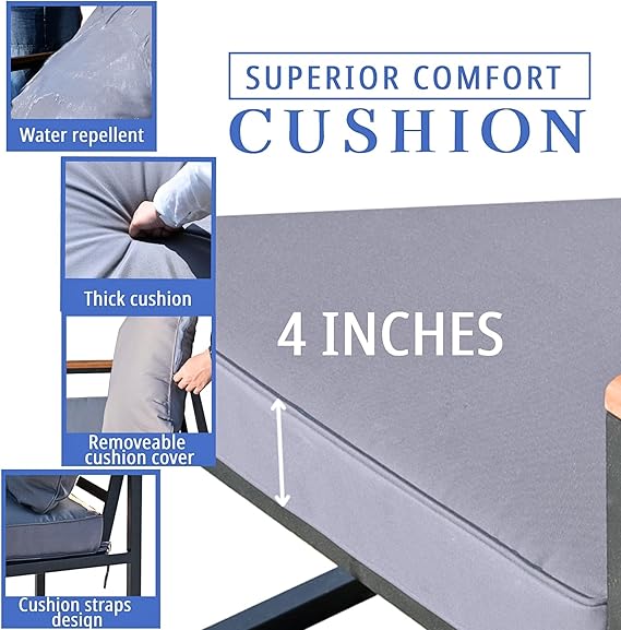 Blendo 4-piece outdoor set by Patios – black metal frame with wood accent and grey cushions (طقم حديقة من Patios بإطار معدني وخشب ووسائد رمادية)
