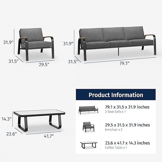 East Oak 4-piece patio set (2 chairs, 1 loveseat, 1 coffee table) – grey outdoor furniture by Patios | طقم حدائق إيست أوك ٤ قطع – رمادي من Patios
