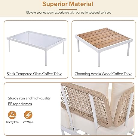 
Patios Ampela 8-piece outdoor sectional set – Beige – with ottomans, glass tables, and cushioned seats | طقم جلسات خارجي ٨ قطع من باتيوس – أمبيلا بيج – مع بف وترابيزات زجاج ووسائد مريحة