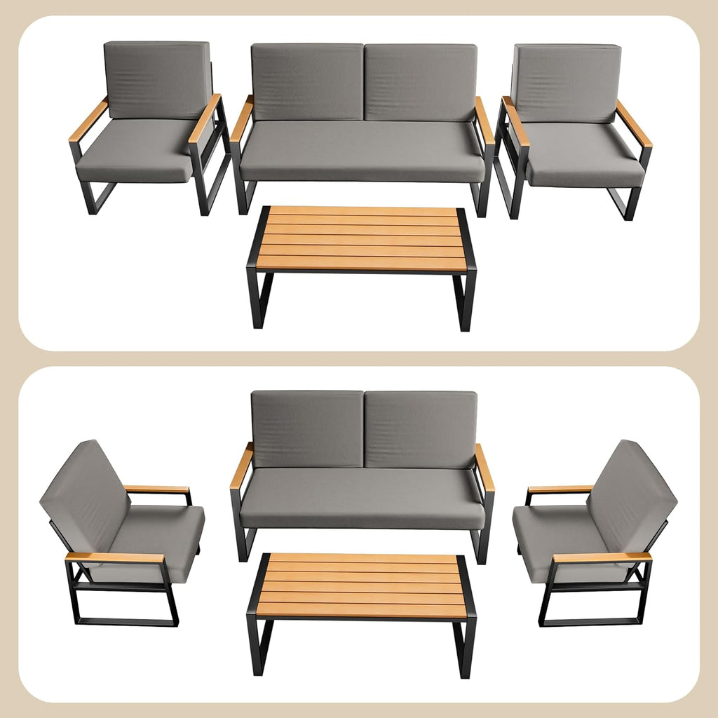 Zoon 4-piece outdoor patio set by Patios – metal frame, grey cushions, and tempered glass table (طقم حدائق ٤ قطع من Patios بإطار معدني ووسائد رمادية)
