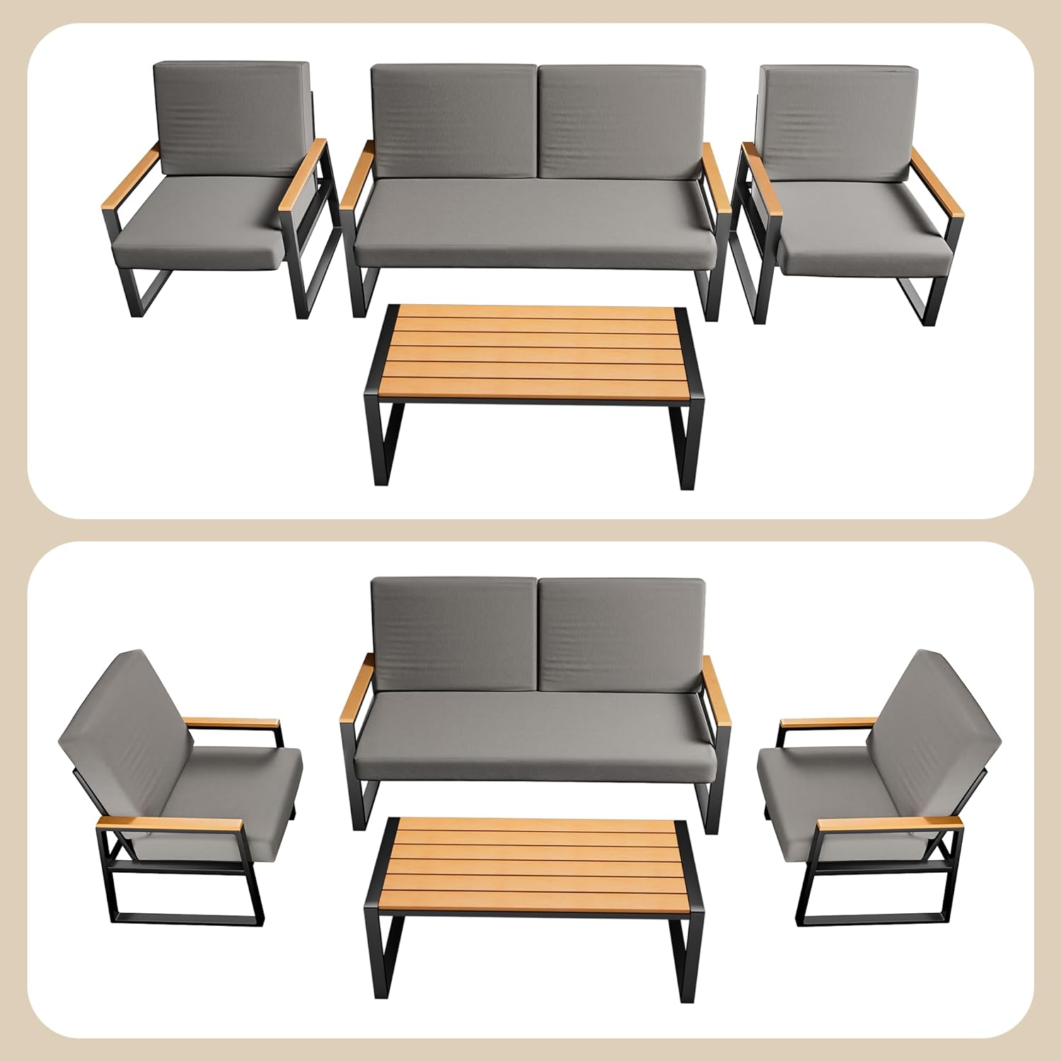 Zoon 4-piece outdoor patio set by Patios – metal frame, grey cushions, and tempered glass table (طقم حدائق ٤ قطع من Patios بإطار معدني ووسائد رمادية)
