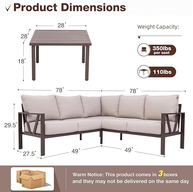 Patios outdoor L-shaped sofa set – 6-piece beige metal garden set (ركنة خارجية من ٦ قطع بلون بيج من شركة Patios)
