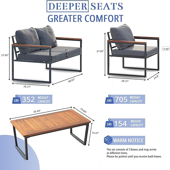 Blendo 4-piece outdoor set by Patios – black metal frame with wood accent and grey cushions (طقم حديقة من Patios بإطار معدني وخشب ووسائد رمادية)
