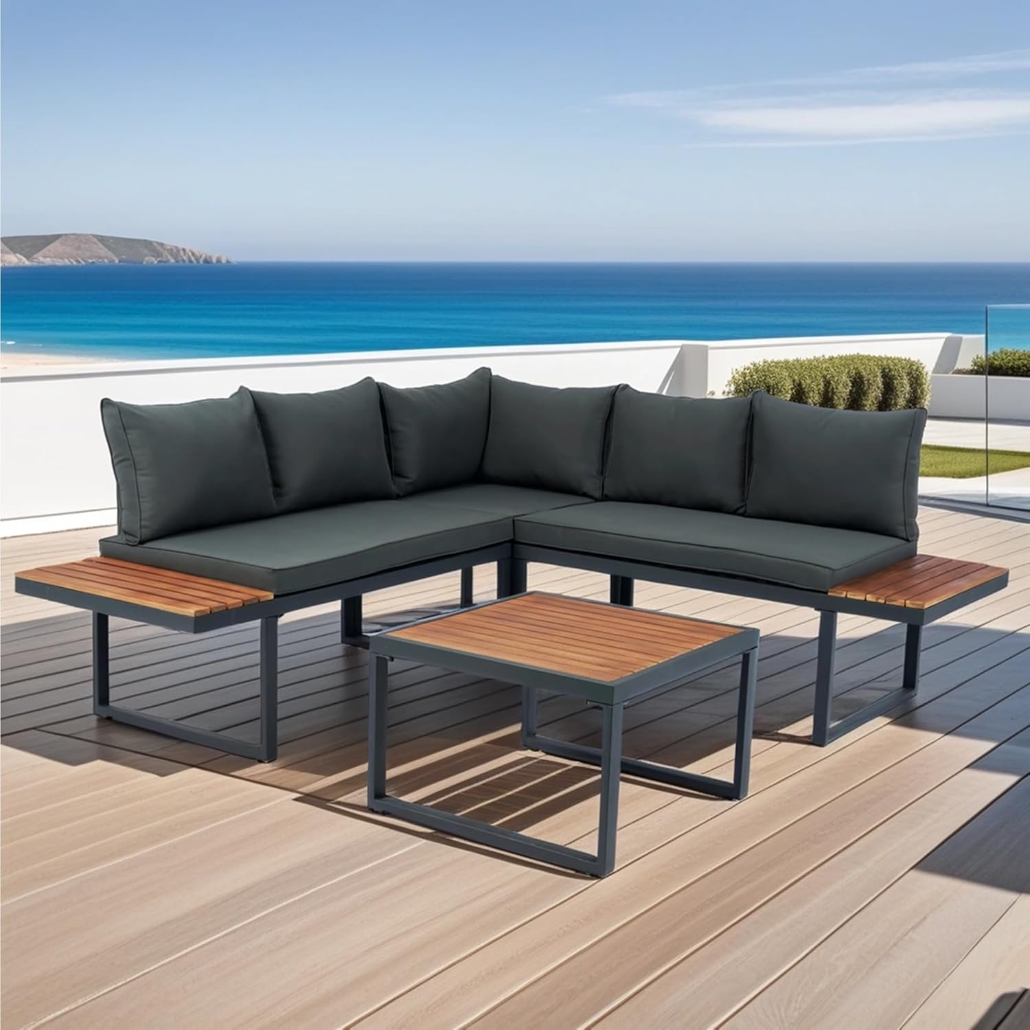 Patios Yorka outdoor wicker L-shaped sofa set – 5 seats with table (طقم حدائق خوص يوركا من باتيوس – ركنة حرف L تتسع لـ5 أفراد مع ترابيزة)
