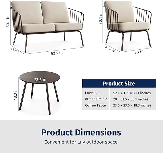 Oval 4-piece outdoor furniture set by Patios – brown wood-look frame with beige cushions (طقم جلسات خارجية ٤ قطع من Patios – إطار بني ووسائد بيج)
