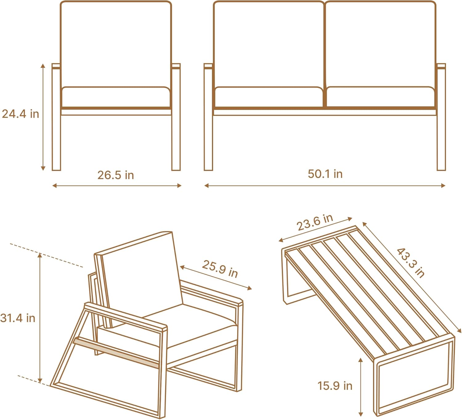 Zoon 4-piece outdoor patio set by Patios – metal frame, grey cushions, and tempered glass table (طقم حدائق ٤ قطع من Patios بإطار معدني ووسائد رمادية)
