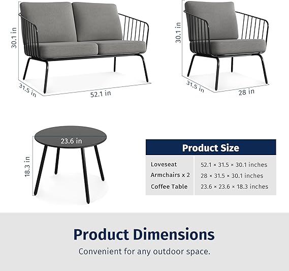 Oval 4-piece patio set by Patios – black metal frame with light grey cushions (طقم جلسات حدائق من Patios – إطار أسود ووسائد رمادية فاتحة)
