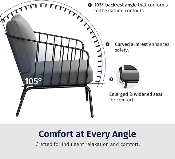 Oval 4-piece patio set by Patios – black metal frame with light grey cushions (طقم جلسات حدائق من Patios – إطار أسود ووسائد رمادية فاتحة)
