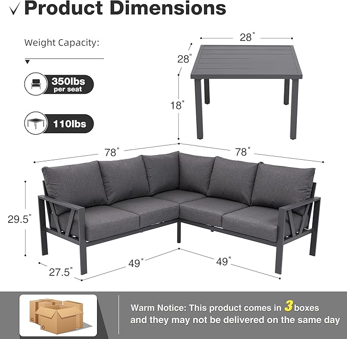 Patios steel outdoor L-shaped garden set – 6 pieces (ركنة معدنية رمادية مع ترابيزة جانبية) – تصميم أنيق للحدائق أو البلكونات

