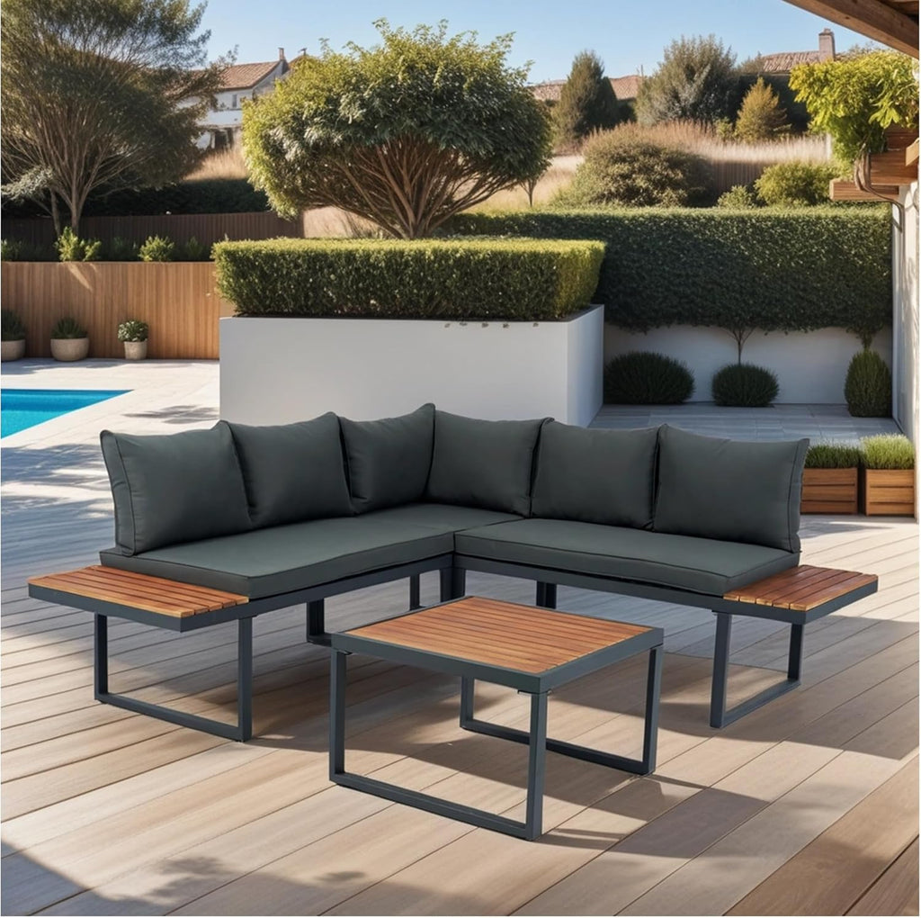 Patios Yorka outdoor wicker L-shaped sofa set – 5 seats with table (طقم حدائق  يوركا من باتيوس – ركنة حرف L تتسع لـ5 أفراد مع ترابيزة)
