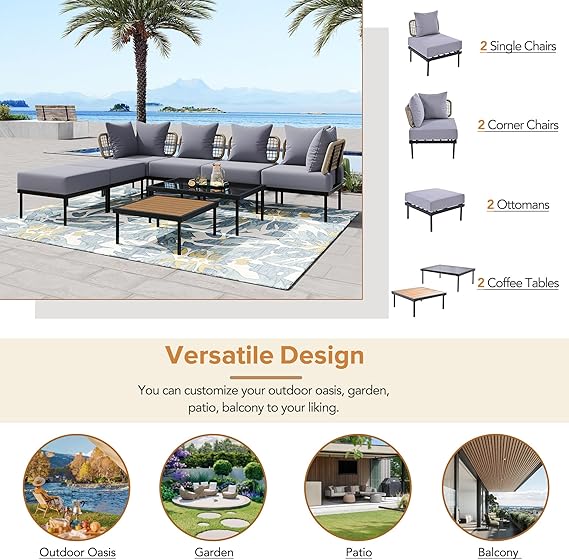 Patios Ampela 8-piece outdoor sectional set – light grey – كنبة حدائق رمادية ٨ قطع من Patios بتصميم عملي وزجاج مقوّى

