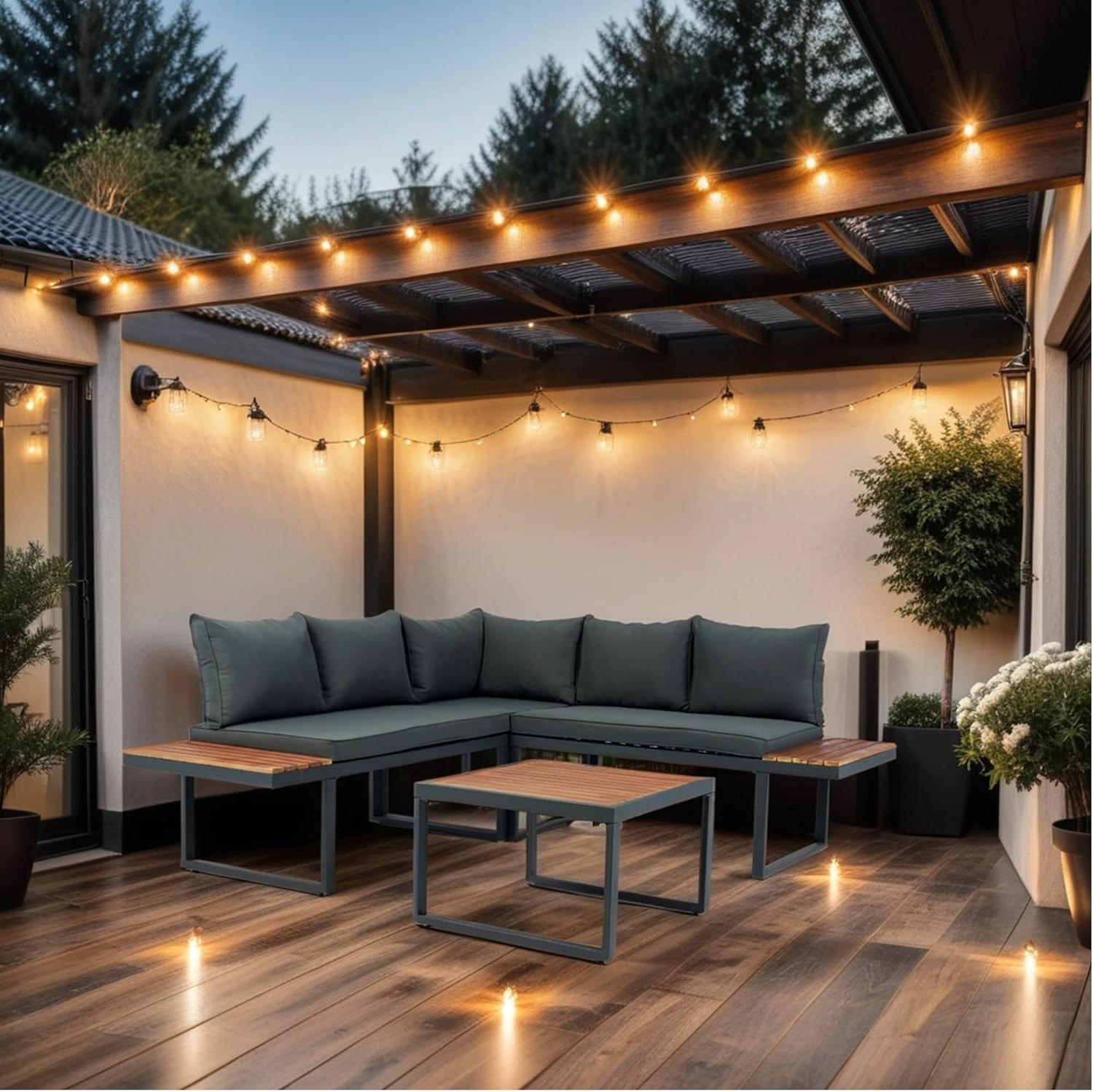 Patios Yorka outdoor wicker L-shaped sofa set – 5 seats with table (طقم حدائق  يوركا من باتيوس – ركنة حرف L تتسع لـ5 أفراد مع ترابيزة)
