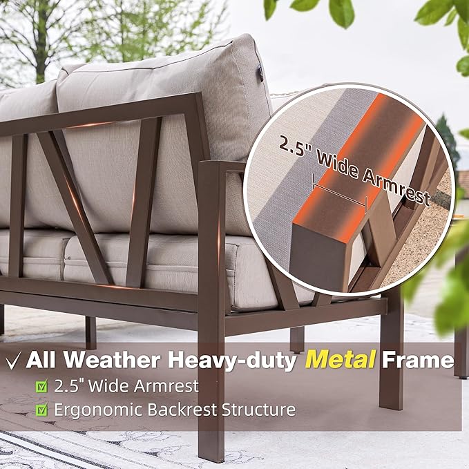 Patios outdoor L-shaped sofa set – 6-piece beige metal garden set (ركنة خارجية من ٦ قطع بلون بيج من شركة Patios)
