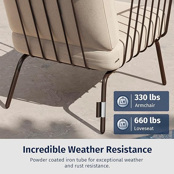 Oval 4-piece outdoor furniture set by Patios – brown wood-look frame with beige cushions (طقم جلسات خارجية ٤ قطع من Patios – إطار بني ووسائد بيج)
