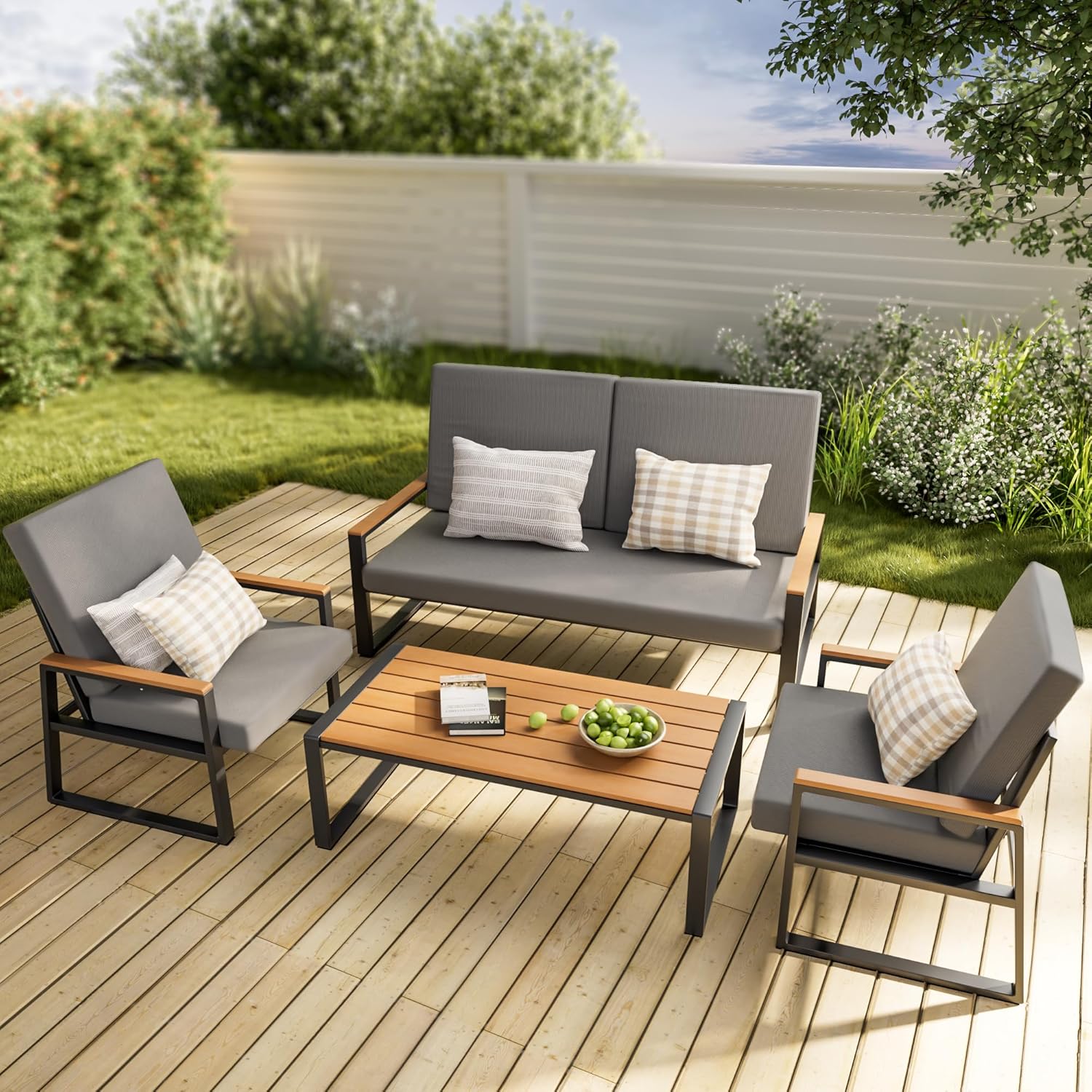 Zoon 4-piece outdoor patio set by Patios – metal frame, grey cushions, and tempered glass table (طقم حدائق ٤ قطع من Patios بإطار معدني ووسائد رمادية)
