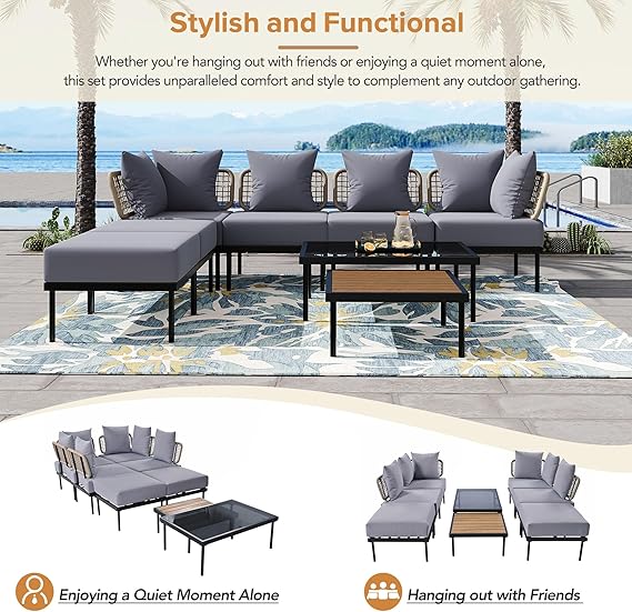 Patios Ampela 8-piece outdoor sectional set – light grey – كنبة حدائق رمادية ٨ قطع من Patios بتصميم عملي وزجاج مقوّى
