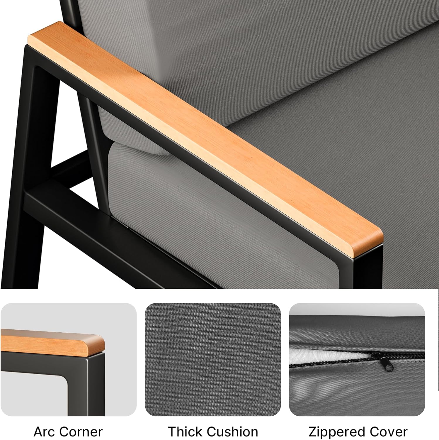 Zoon 4-piece outdoor patio set by Patios – metal frame, grey cushions, and tempered glass table (طقم حدائق ٤ قطع من Patios بإطار معدني ووسائد رمادية)
