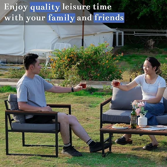 Blendo 4-piece outdoor set by Patios – black metal frame with wood accent and grey cushions (طقم حديقة من Patios بإطار معدني وخشب ووسائد رمادية)
