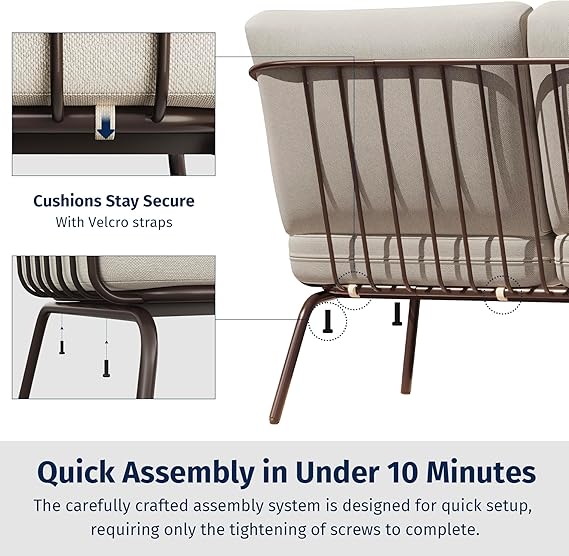 Oval 4-piece outdoor furniture set by Patios – brown wood-look frame with beige cushions (طقم جلسات خارجية ٤ قطع من Patios – إطار بني ووسائد بيج)
