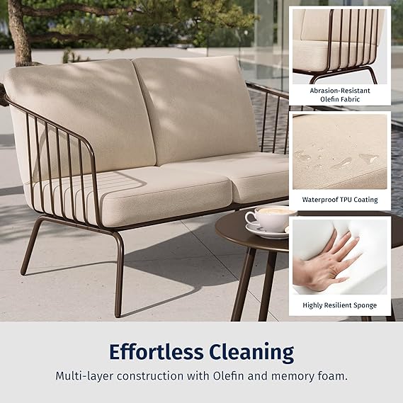 Oval 4-piece outdoor furniture set by Patios – brown wood-look frame with beige cushions (طقم جلسات خارجية ٤ قطع من Patios – إطار بني ووسائد بيج)
