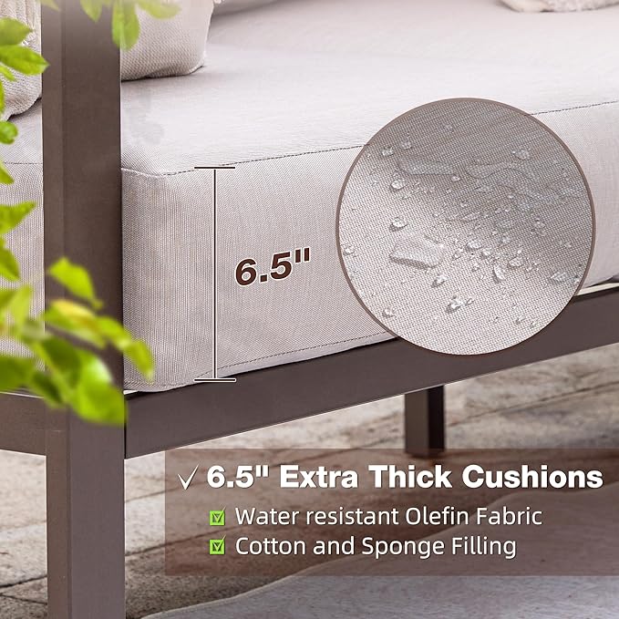 Patios outdoor L-shaped sofa set – 6-piece beige metal garden set (ركنة خارجية من ٦ قطع بلون بيج من شركة Patios)
