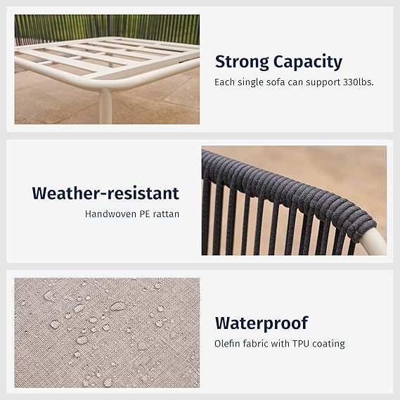 Patios Veranda 5-piece outdoor patio furniture set – navy blue and dove grey modular sofa with tempered glass table
طقم حدائق فيراندا ٥ قطع من Patios – كنبة كحلي ورمادي مع ترابيزة زجاج – جلسة خارجية للحديقة أو البلكونة
