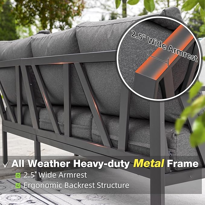 Patios steel outdoor L-shaped garden set – 6 pieces (ركنة معدنية رمادية مع ترابيزة جانبية) – تصميم أنيق للحدائق أو البلكونات

