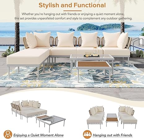
Patios Ampela 8-piece outdoor sectional set – Beige – with ottomans, glass tables, and cushioned seats | طقم جلسات خارجي ٨ قطع من باتيوس – أمبيلا بيج – مع بف وترابيزات زجاج ووسائد مريحة