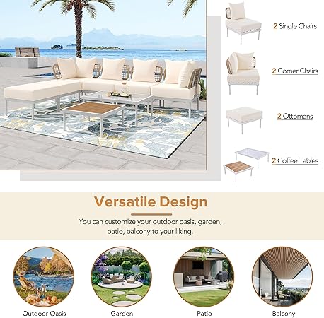 
Patios Ampela 8-piece outdoor sectional set – Beige – with ottomans, glass tables, and cushioned seats | طقم جلسات خارجي ٨ قطع من باتيوس – أمبيلا بيج – مع بف وترابيزات زجاج ووسائد مريحة