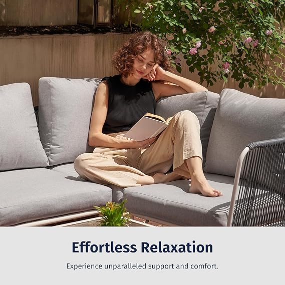 Patios Veranda 5-piece outdoor patio furniture set – navy blue and dove grey modular sofa with tempered glass table
طقم حدائق فيراندا ٥ قطع من Patios – كنبة كحلي ورمادي مع ترابيزة زجاج – جلسة خارجية للحديقة أو البلكونة
