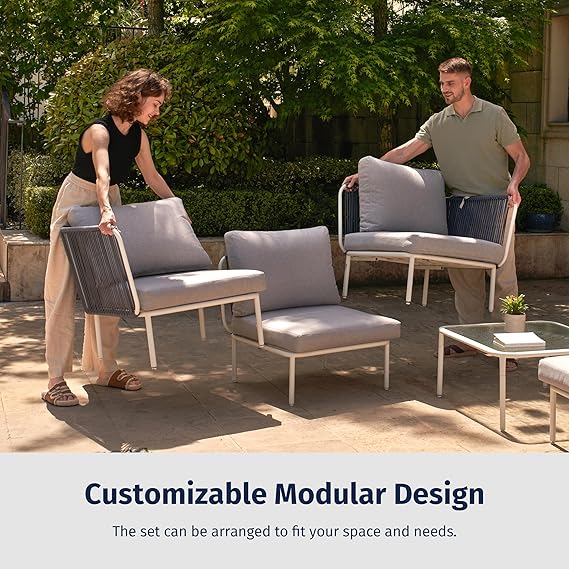Patios Veranda 5-piece outdoor patio furniture set – navy blue and dove grey modular sofa with tempered glass table
طقم حدائق فيراندا ٥ قطع من Patios – كنبة كحلي ورمادي مع ترابيزة زجاج – جلسة خارجية للحديقة أو البلكونة

