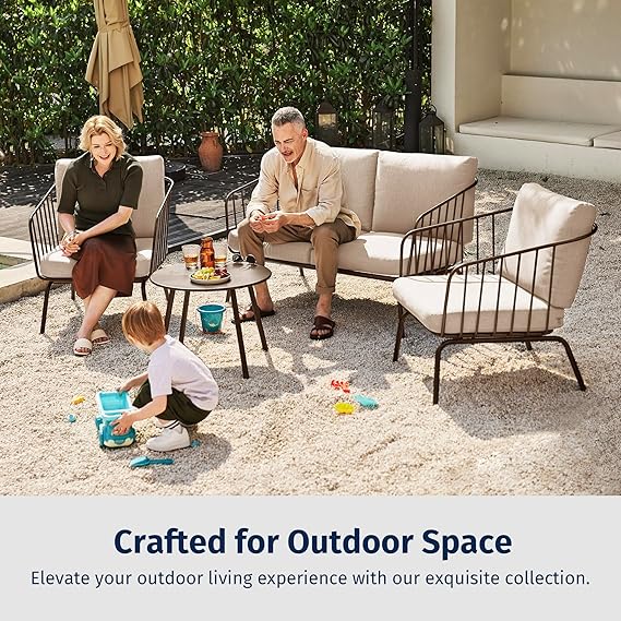 Oval 4-piece outdoor furniture set by Patios – brown wood-look frame with beige cushions (طقم جلسات خارجية ٤ قطع من Patios – إطار بني ووسائد بيج)
