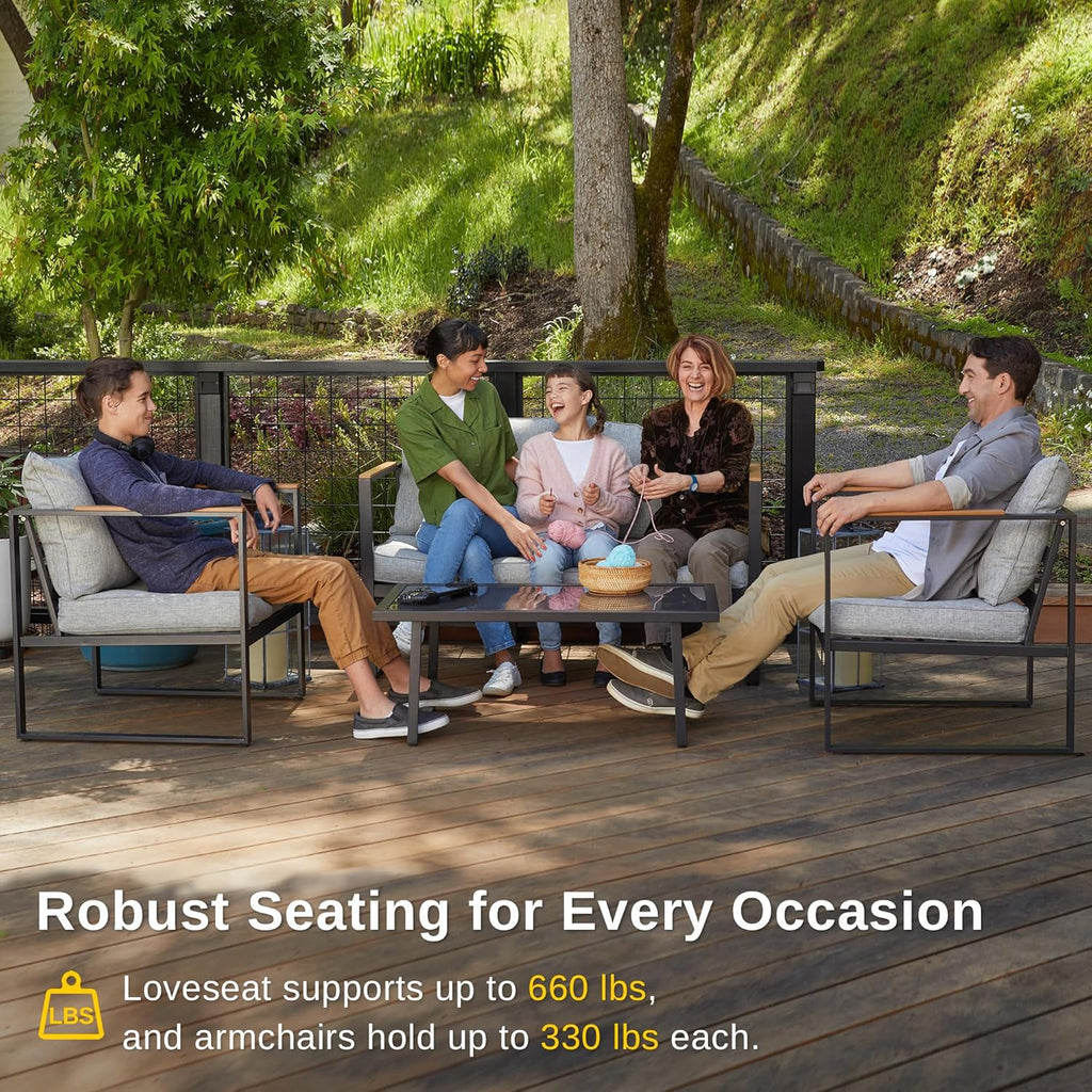 Blendo 4-piece outdoor furniture set by Patios – black frame with light grey cushions (طقم حدائق ٤ قطع من Patios – إطار أسود وتنجيد رمادي فاتح)

